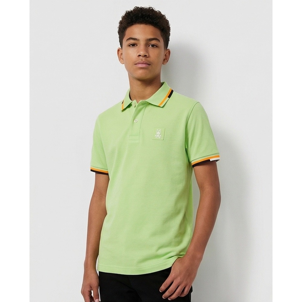 Psycho Bunny Boys Lime Green Pique Polo Shirt Orange Tipping Size L 14-16